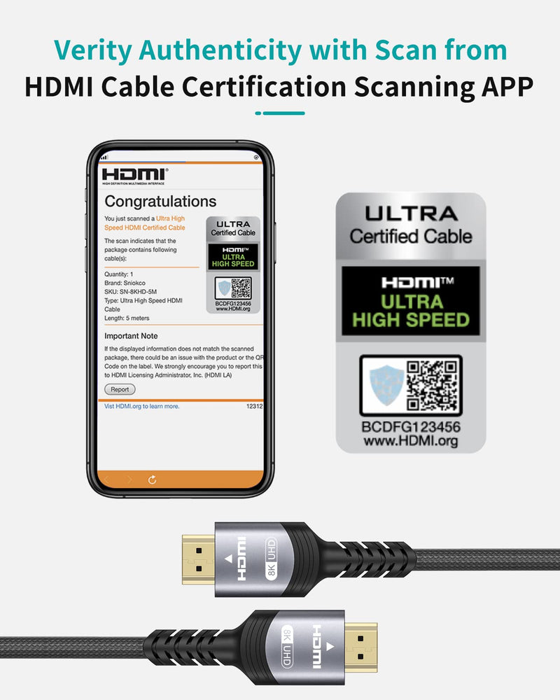 8K HDMI 2.1 Cable 16FT, Sniokco Certified 48Gbps Ultra High Speed Braided HDMI Cable 5M, Support Dynamic HDR, eARC, Dolby Atmos, 8K60Hz, 4K120Hz, HDCP 2.2 2.3, Compatible with HD TV Monitor More 16 feet Grey