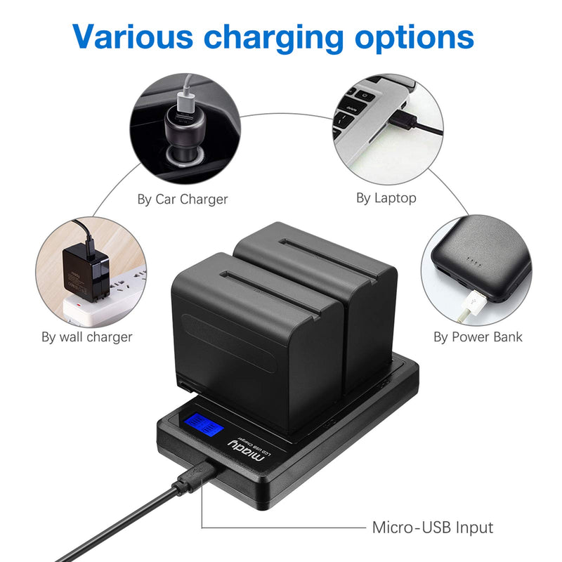 Miady NP-F970/NP-F960 Replacement Battery and Dual LCD Charger Set, Compatible with Sony DCM-M1, MVC-CD1000, HDR-FX1 and More, 7200mAh 53.28Wh 960C Batteries+Charger