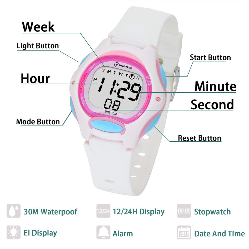 Kids Digital Watch for Girls Boys,Children Watches Waterproof Multi-Functional WristWatches with Alarm/Stopwatch White-8207