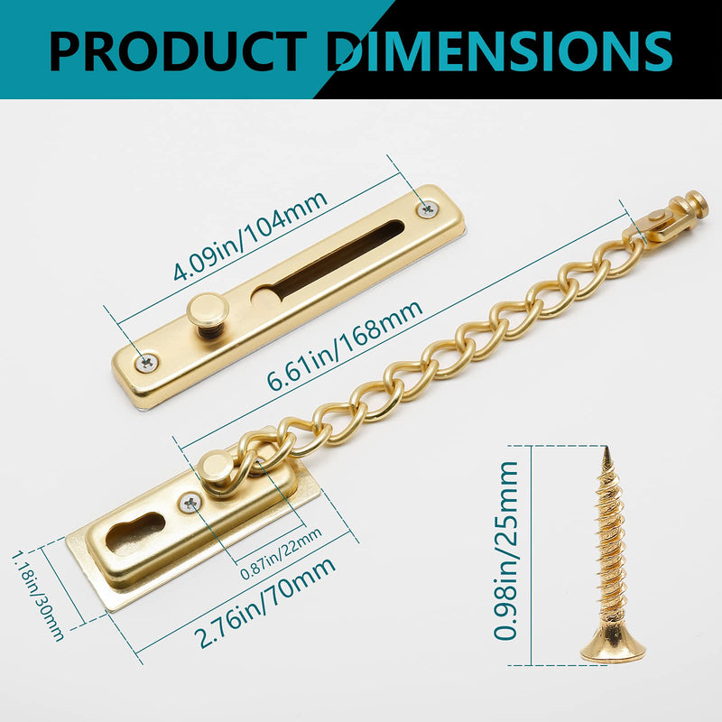 Bonsicoky 2 Pack Door Chain Lock with Spring, Stainless Steel Security Door Chain Guard, Anti-Theft Press Lock for Door, Window - Gold