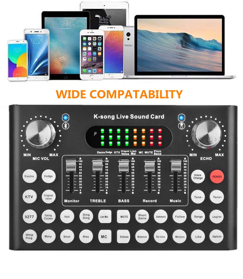 [AUSTRALIA] - REMALL Live Sound Card with Effects and Voice Change, Audio Mixer with Bluetooth Accompaniment for iPhone, Mobile Phone, Type C, Computer Gaming Live Streaming Karaoke Podcast Music Recording (V10) Grey 