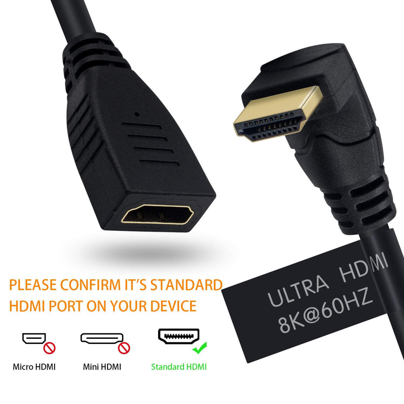 Poyiccot 8K HDMI Extension Cable, HDMI 2.1 Cable 90 Degree Up Angle HDMI Male to Female 8K HDMI 2.1 Cable 48Gbps Ultra High Speed 8K 60Hz, 4K 120Hz, 3D Ultra HDR HDMI Extension Cable, 2feet(M/F Up) Up Angle 8K HDMI 2.1 Cable