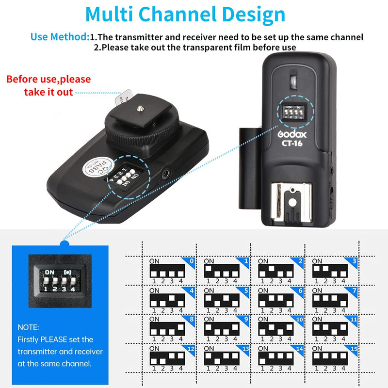 Godox CT-16 Wireless Radio Flash Trigger Receiver Kit Fit Compatible for Canon Nikon Pentax DSLR Camera Studio Flash Transmitter and Receiver