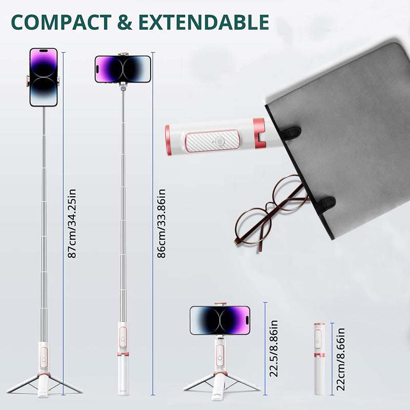 COLOR LIZARD Selfie Stick Tripod, 33" Selfie Stick Tripod with Remote, Aluminum Alloy Phone Tripod, Foldable Travel Tripod Stand 270° Rotation Compatible with iPhone/Android Camera - White & Rose Gold