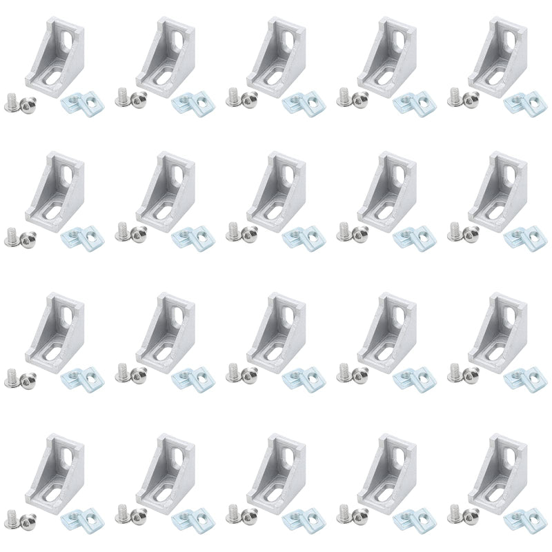 Qjaiune 2028 Aluminum Profile Connector Set, 20Pcs Silver Inside Corner Bracket Gusset with T-Slot Nuts & Screws, L-Shaped Aluminum Extrusion for 2020 Series Aluminum Extrusion Profile with Slot 6mm 2028 Seriess, Bracket with Screw Nut