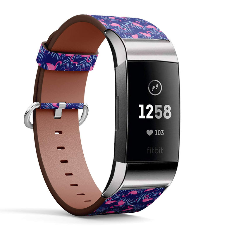 Compatible with Fitbit Charge 3/3 SE - Leather Wristband Bracelet Replacement Accessory Band (Includes Adapters) - Pink Flamingo Birds