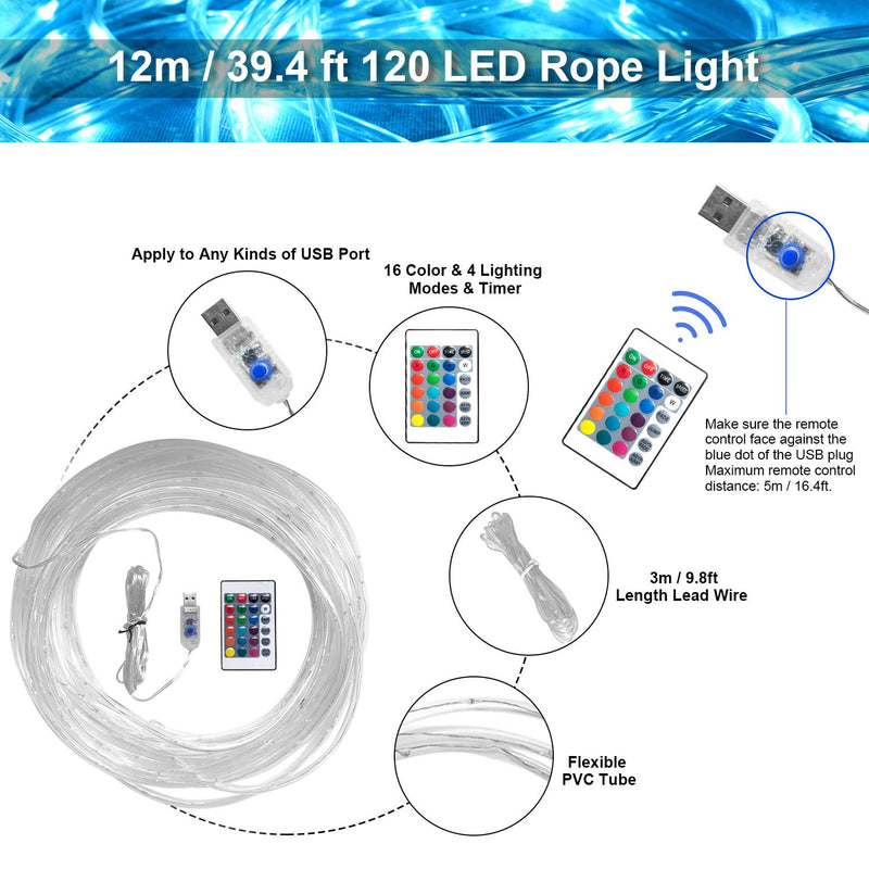 [AUSTRALIA] - LED Rope Lights Indoor 12M/40FT 120 LED USB IP68 Waterproof Rope Light, Color Changing Long Tube Multicolor Rope Light with 16 Colors 4 Modes Remote for Bedroom Dorm Room Deck Above Cabinet Porch 40.0 Feet 120 LED 40 FT 