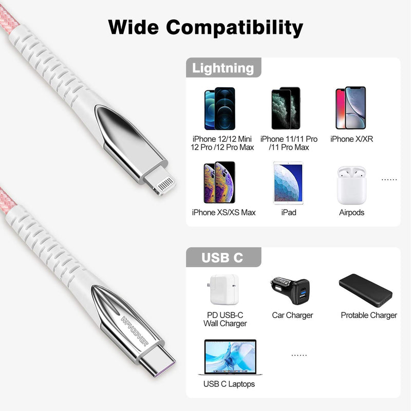 USB-C to Lightning Cable [MFI Certified]10FT/3M WFVODVER iPhone 12 Nylon Braided Type C Fast Charging Cable Compatible with iPhone 12/12Mini/12 Pro/11/11Pro/11 Pro Max/X/XS/XR/XS MAX (Pink) Pink