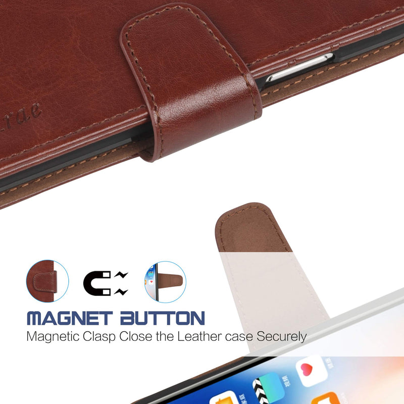 Arae Wallet Case for iPhone Xs Max PU Leather flip case Cover [Stand Feature] with Wrist Strap and [4-Slots] ID&Credit Cards Pocket for iPhone Xs Max 6.5 inch (Brown) Brown