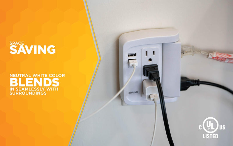 Woods 41424 6 Space Saver Swivel Wall Tap, 3 Rotating Outlets and 2 USB Ports, 500J and 2.4A, White 6 Outlets with 2 USB Ports