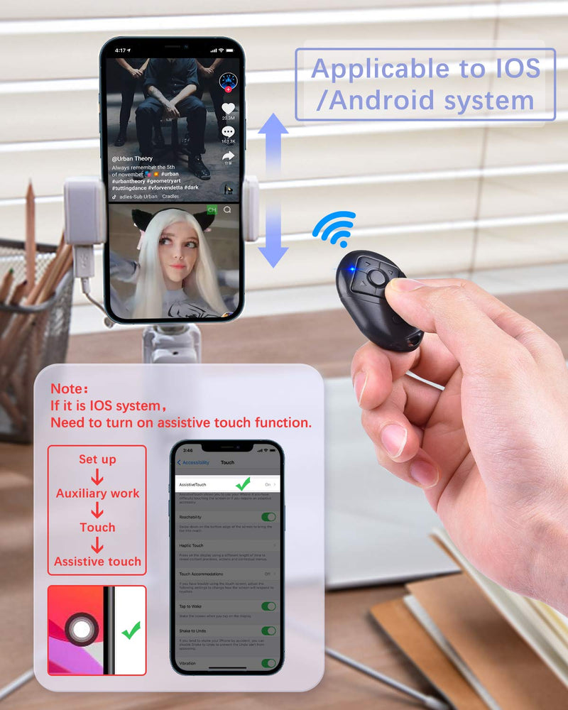 Cellphone Remote Shutter for iPhone & Android,TIK Tok Multifunction Remote,Take Photos and Videos, Control The Volume, Pause The Playback, Turn The Page,Works with Most Smartphones and Tablets Black