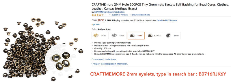 CRAFTMEMORE 2mm Grommet Tool Kit Eyelet Setting Tool Grommet Setter Hole Punch Cutter & Pack of 100 Grommets (0.08" (2mm) Inside Diameter)