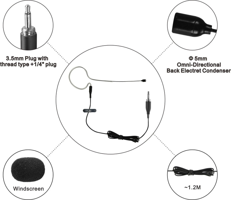 HEIMU Single Earhook Headworn Omni-Directional Headset Microphone (for 3.5mm Plug with Thread Type +1/4" Plug Black)