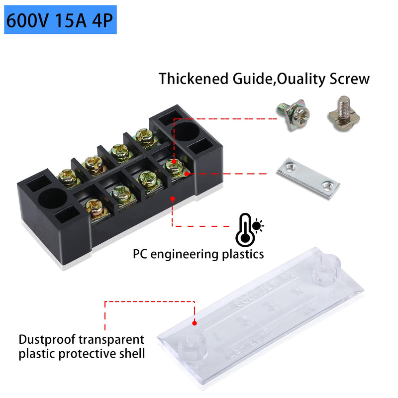 PNGKNYOCN 4 Positions Dual Rows 600V 15A Barrier Screw Terminal Strip Block with Cover TB-1504（8-Pack ）