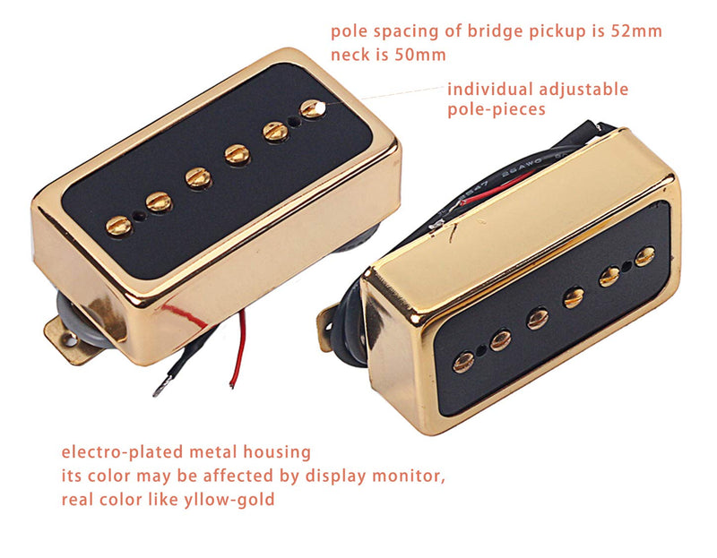 LAMSAM P90 Tone Pickups Set, Humbucker-sized Single Coil Neck Pick-up and Bridge Pick Up Loaded Alnico V Magnets, as Replacement Parts for Standard-Humbucker Pickup on Electric Guitar, Gold