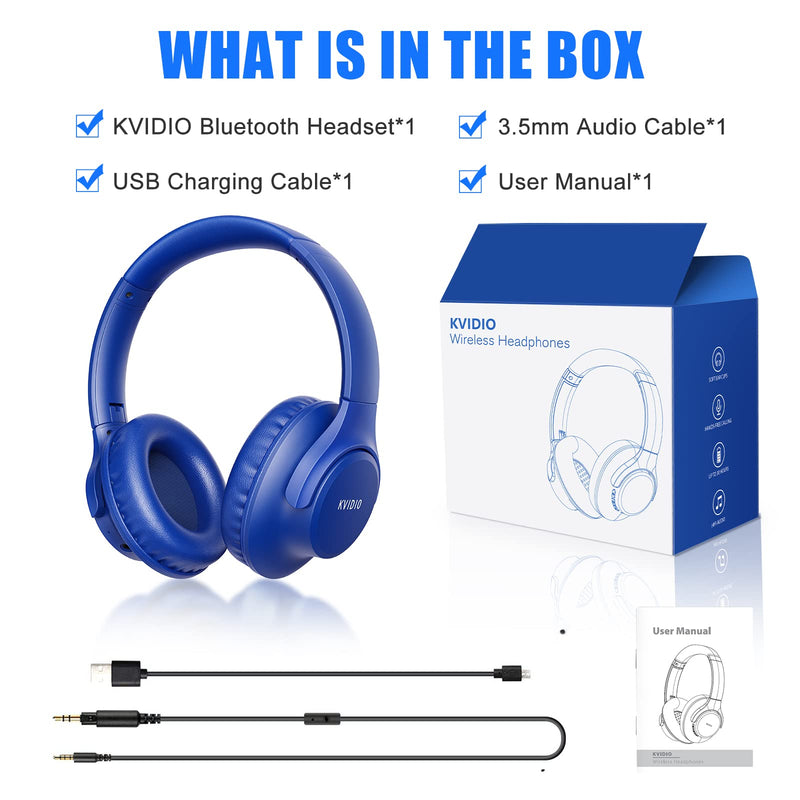 Bluetooth Headphones Over Ear,KVIDIO 55 Hours Playtime Wireless Headphones with Microphone,Foldable Lightweight Headset with Deep Bass,HiFi Stereo Sound for Travel Work Laptop PC Cellphone (Blue) Blue