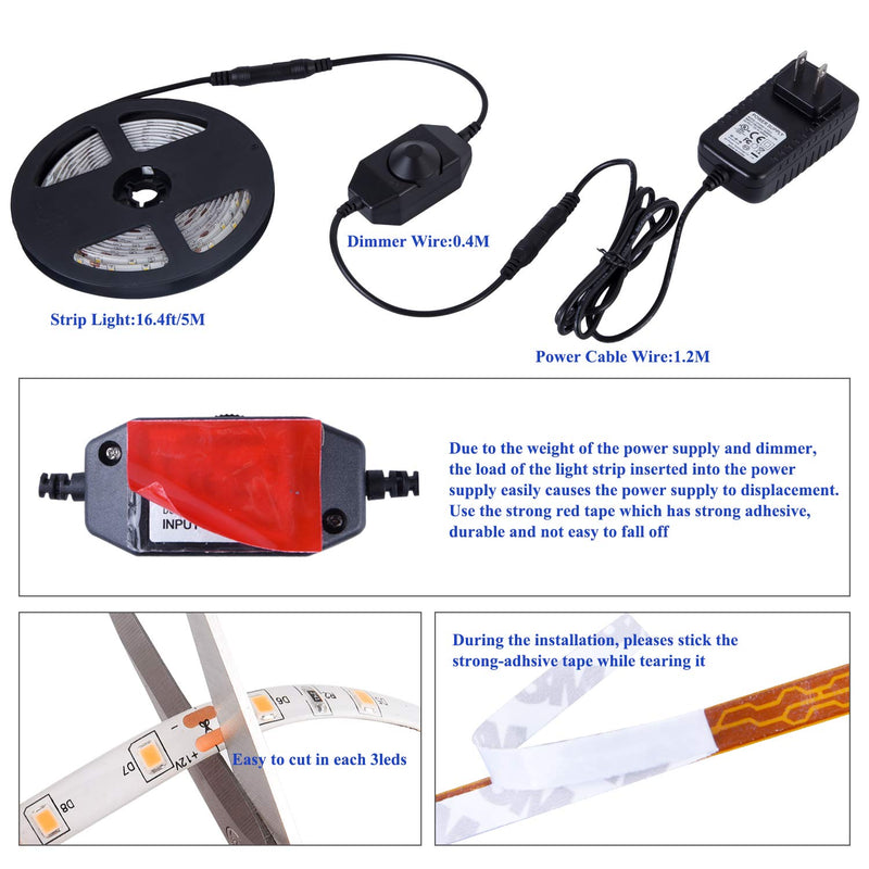 [AUSTRALIA] - Dimmable LED Strip Lights Kit Daylight White 16.4ft/5m Waterproof LED Tape Ribbon Light Flexible 300 Units SMD 2835 Rope Lighting 12V Power Supply for Home Kitchen Bar Clubs(Daylight White) 