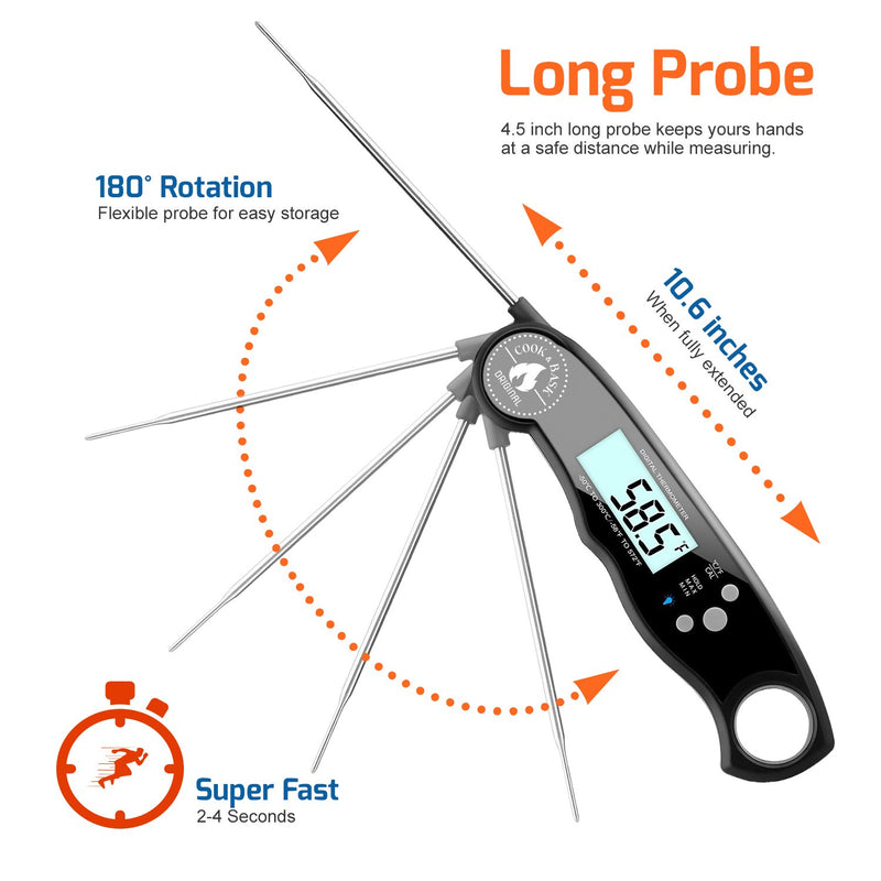 Instant Read Digital Food Meat Thermometer with Long Probe - Grill Cook BBQ and Bake.