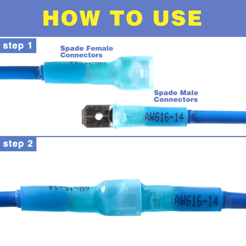 haisstronica 200PCS Blue Heat Shrink Spade Connectors,AWG 16-14 Heat Shrink Spade Terminlas Kit,Male and Female Electrical Quick Disconnect Wire Connectors AWG 16-14 Blue Male&Female 200PCS