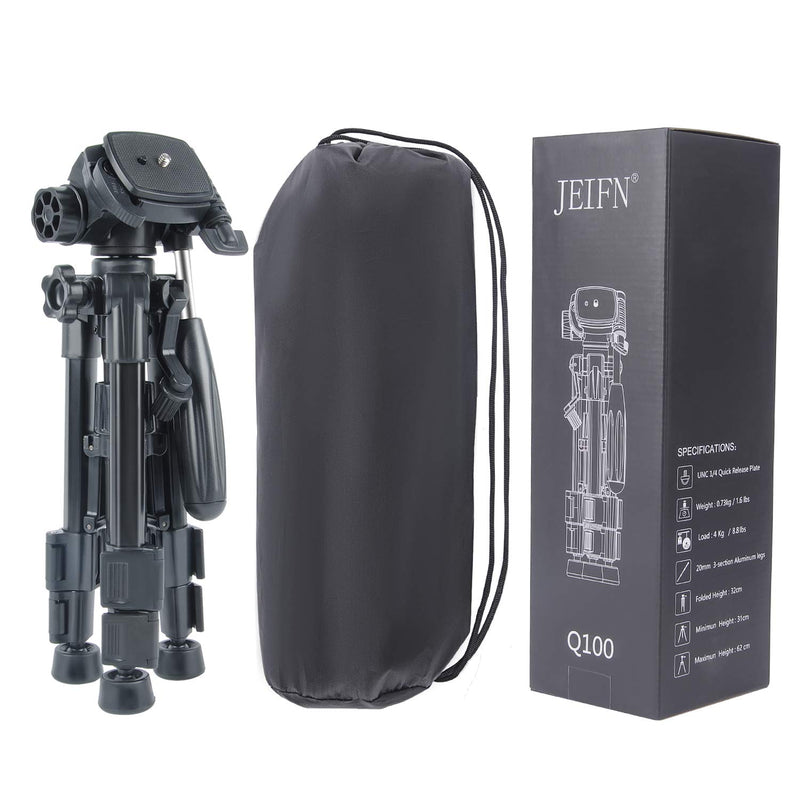 JEIFN Mini Travel Tabletop Camera Tripod 24 inches/62 Centimeters, Portable Aluminum with 3-Way Swivel Pan Head for DSLR Camera,Smartphones,DV Video up to 6.6 pounds/3 Kilograms (Black) Q100 camera tripod