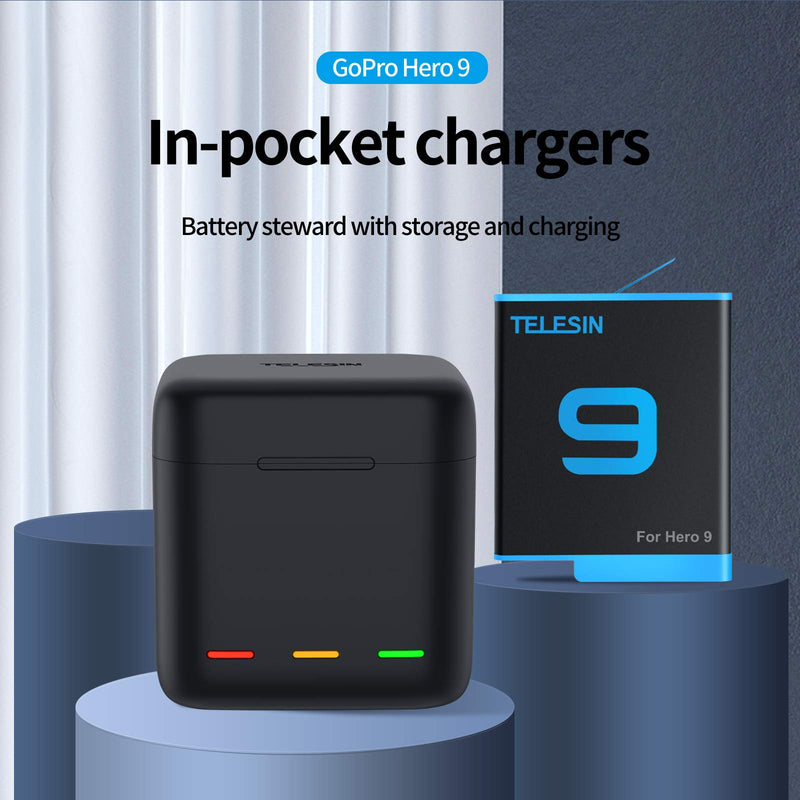 TELESIN Magnetic Triple Charger Battery Storage Charging Box with Hero 10/9 Battery Pack, USB Type-C Cable for GoPro Hero 10/9 Black Action Cameras (Charger + 3 Batteries) Charger + 3 batteries