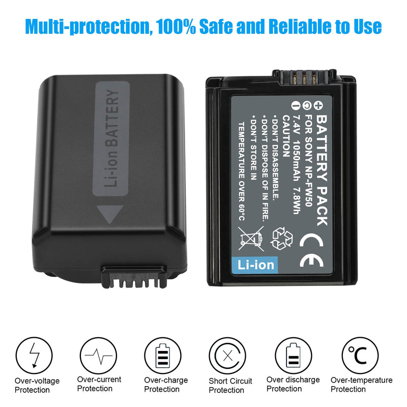 JYJZPB NP-FW50 Camera Battery Replacement and Dual Battery Charger for Sony A6000 Sony A6400 A6300 A6500 A7 A7II A7RII A7SII A7S A7S2 A7R A7R2 A55 A5100 RX10(Not for Sony A7III, Sony A6600)