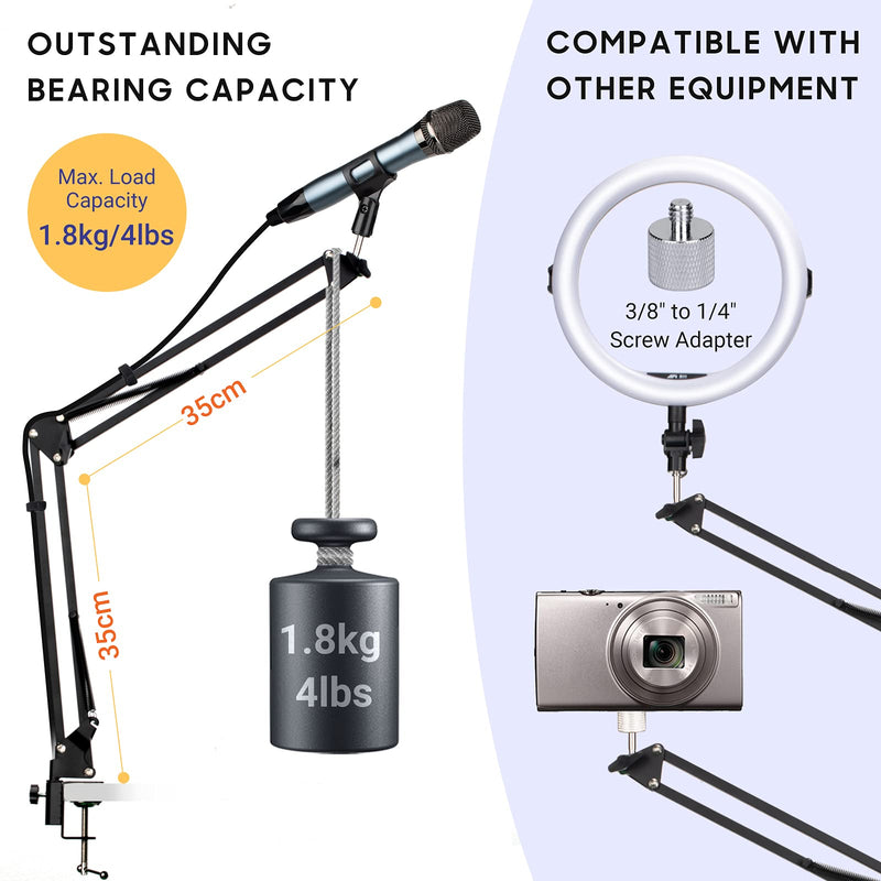 CAHAYA Microphone Stand Microphone Suspension Boom Scissor Arm Stand Adjustable 3/8" to 5/8" and 3/8" to 1/4" Screw Adapter Black