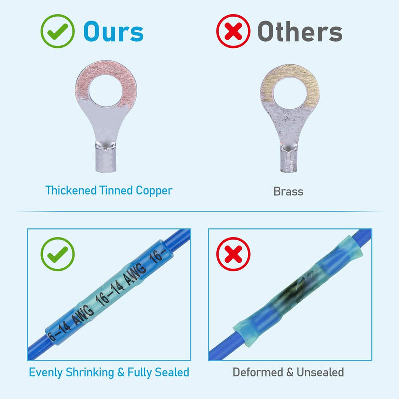 TICONN 250Pcs Heat Shrink Wire Connectors, Waterproof Automotive Marine Electrical Terminals Kit, Crimp Connector Assortment, Ring Fork Spade Butt Splices 250PCS Combo