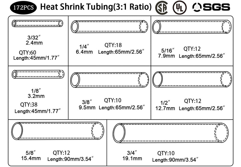 Purplefox 172PCS 3/32" 1/8" 1/4" 5/16" 3/8" 1/2" 5/8" 3/4" 3:1 Waterproof Heat Shrink Tubing Kit Marine Grade Adhesive Lined Heat Shrink, Insulation Sealing Oil Proof Wear Resistant Transparent