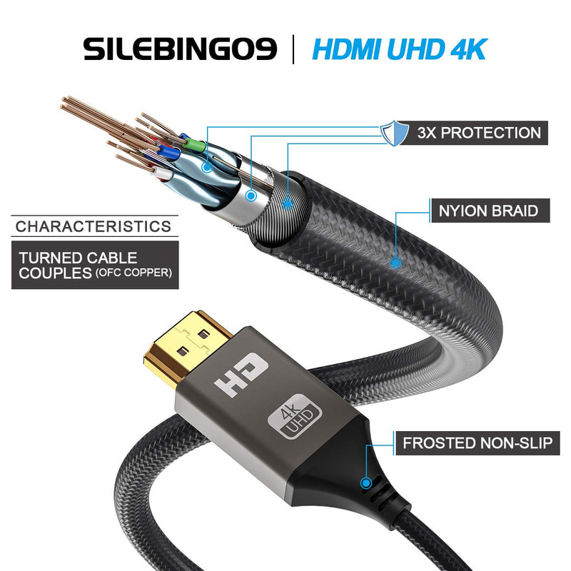 HDMI Cable,SILEBING09 Nylon Braided High Speed 4K HDMI 2.0 Cable,Support 4K/60HZ/HDR/TV/3D/2160P/1080P Compatible with Most Monitors (3FT, Gun) 3FT
