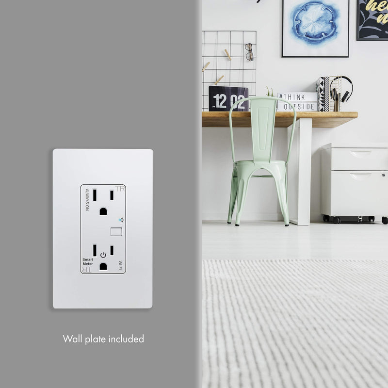 TOPGREENER Smart Wi-Fi Outlet with Energy Monitoring, Tamper-Resistant, In-Wall, No Hub Required, Works with Amazon Alexa & Google Assistant, TGWF15RM 1 Pack, White