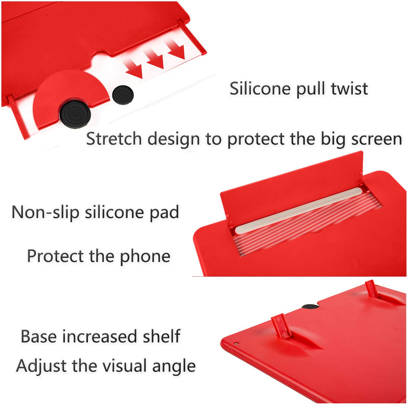 3D HD Screen Amplifier, Large Screen Magnifier,Drawable and Foldable Phone Holder,Radiation Protection,for All Smart Phones (Red) Red