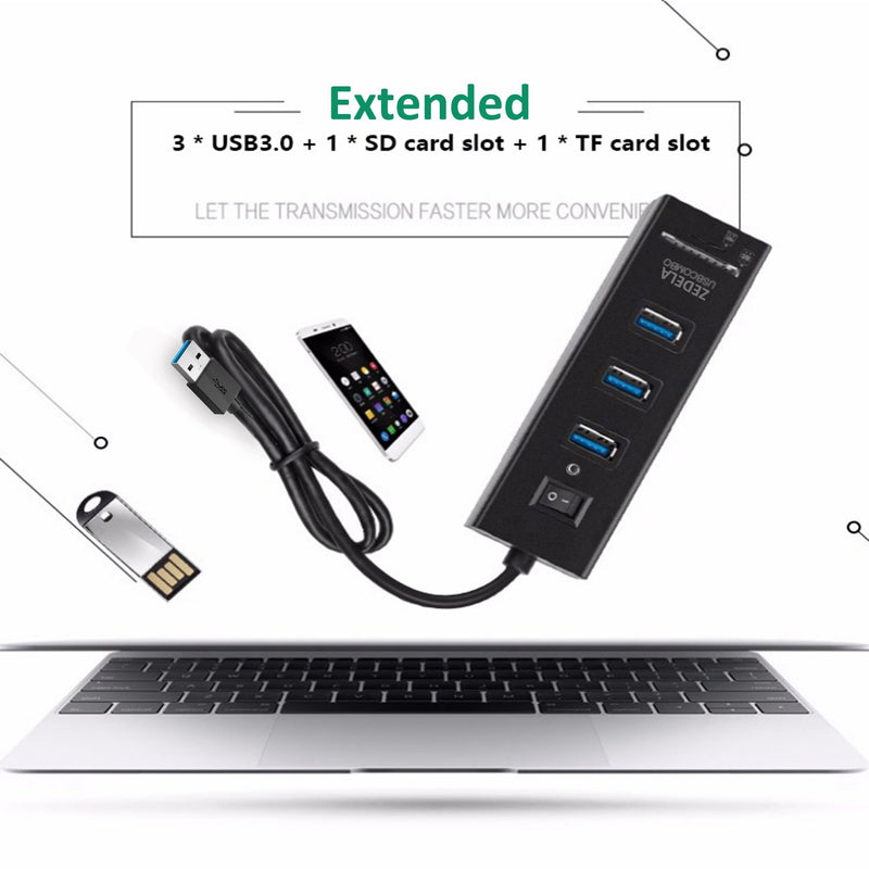 USB 3.0 Hub, Zedela USB Hub 3.0 with SD Card Reader (3 USB 3.0 Port Adapter + SD/TF/Micro SD Card Reader), 5Gbps SD to USB Adapter for Computer(Windows,iMac,MacBook Pro/Air), IdeaPad-with Power Switc Black