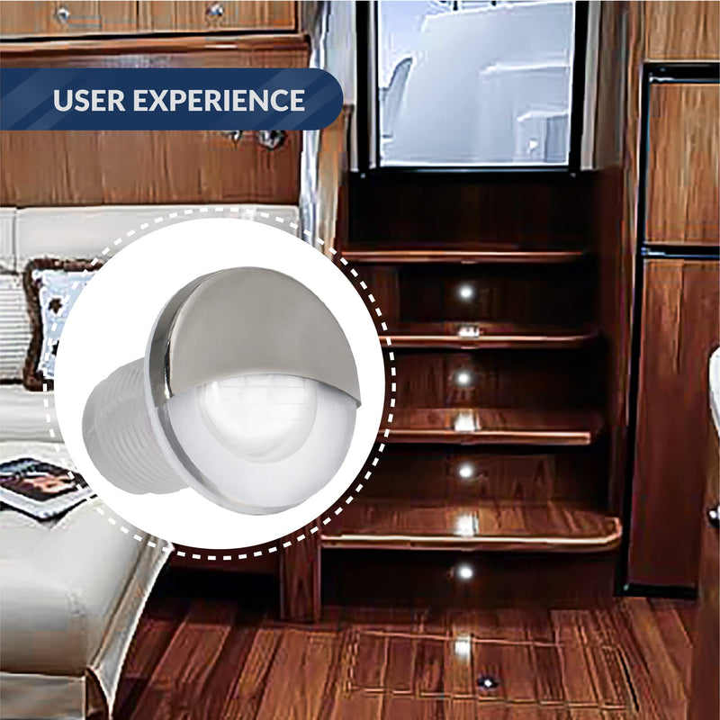 Five Oceans FO4598-M4 Interior LED White Round Courtesy Light, ABS Plastic, AISI316 Stainless Steel Half-Moon Cover, Waterproof IP68, 12 Volts DC, 2 LED Pieces, 4-Pack White - 4-Pack