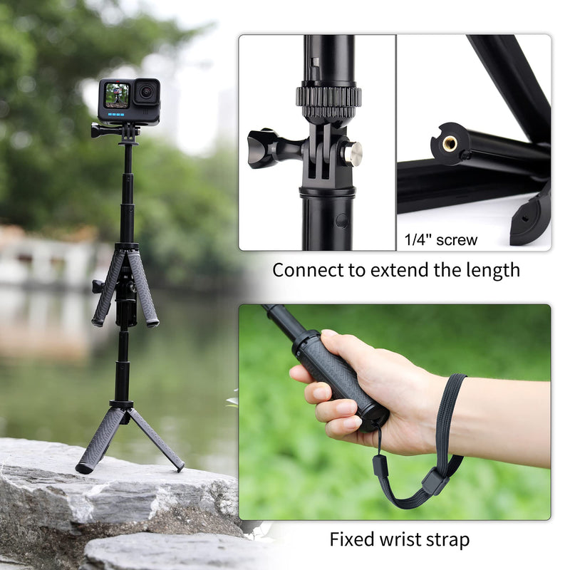 YALLSAME Mini Tripod for GoPro Hero 11 10 9 8 7 6 5 DJI Action Extension Pole Portable Pocket Tabletop Handgrip Extendable Vlog Selfie Stick with Phone Clip Compatible with iPhone Digital Camera