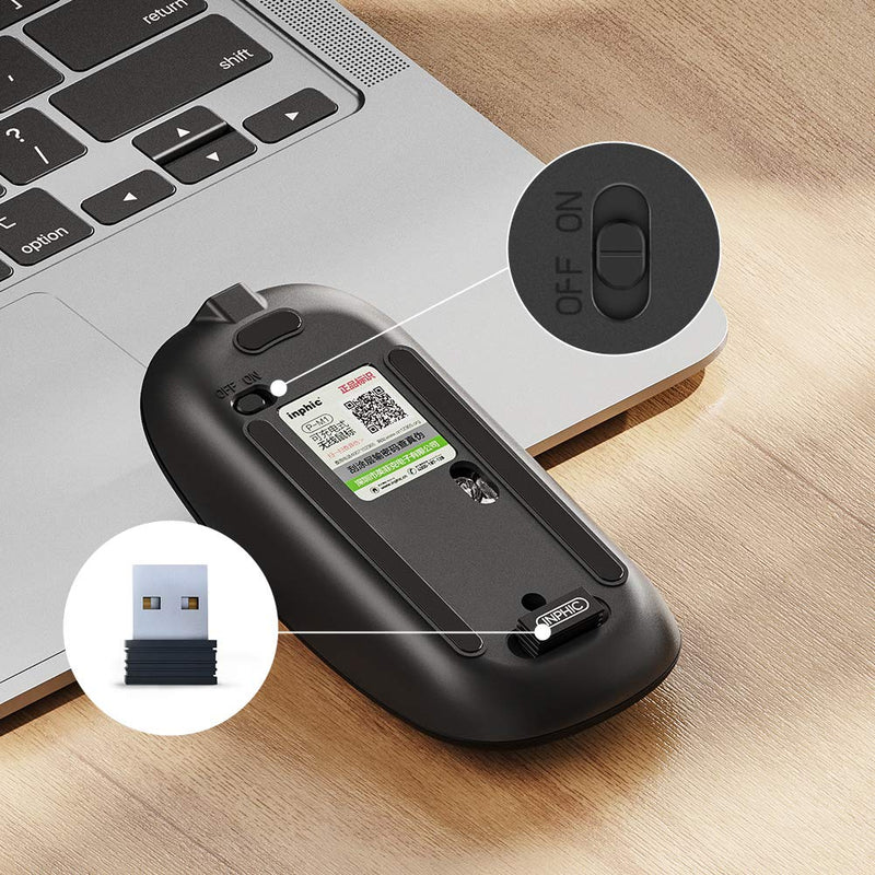 Wireless Mouse for Laptop, Inphic 2.4G Portable Slim Mouse Rechargeable, Noiseless Computer Mouse with USB Receiver, 3 Adjustable DPI Optical Cordless Mouse for MacBook, Chromebook, PC, Laptop-Black Black