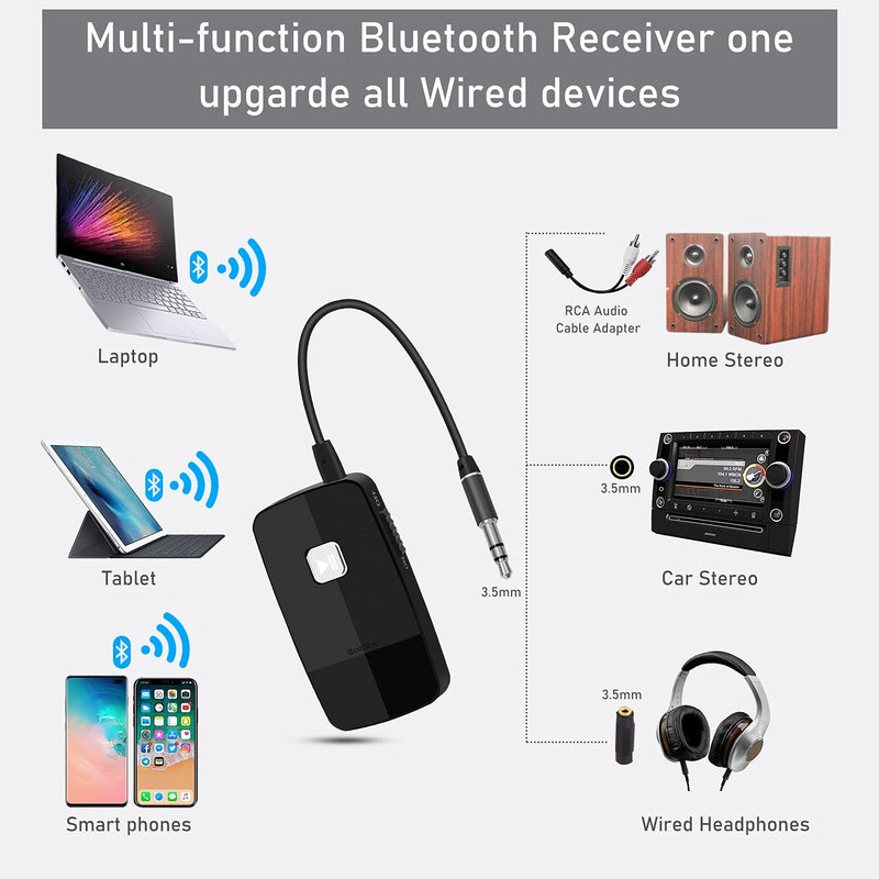 BANIGIPA Bluetooth 5.0 Receiver for Home Stereo, Wireless Audio Adapter with 3.5mm or RCA Aux Jack for Car Speaker, HIFI Music Streaming with Advanced CSR Chip, 16 Hours Playtime, 1 Second Turn On/Off