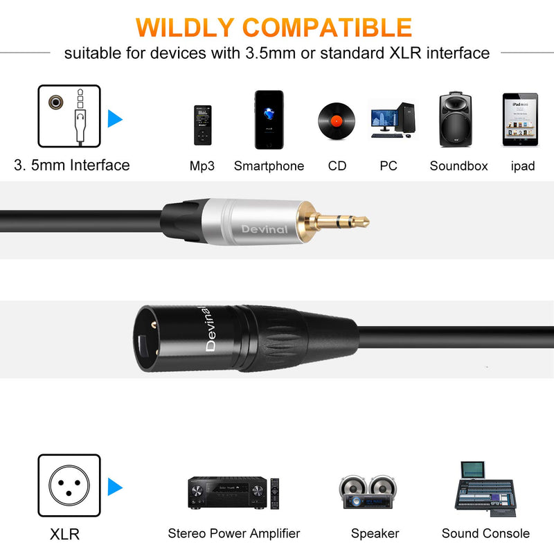 Devinal Unbalanced 1/8 inch to XLR Cable, Mini Jack TRS Stereo Male to XLR Male, 3.5mm to 3 Pin Male Interconnect Audio Cable 1 Feet 1 FT