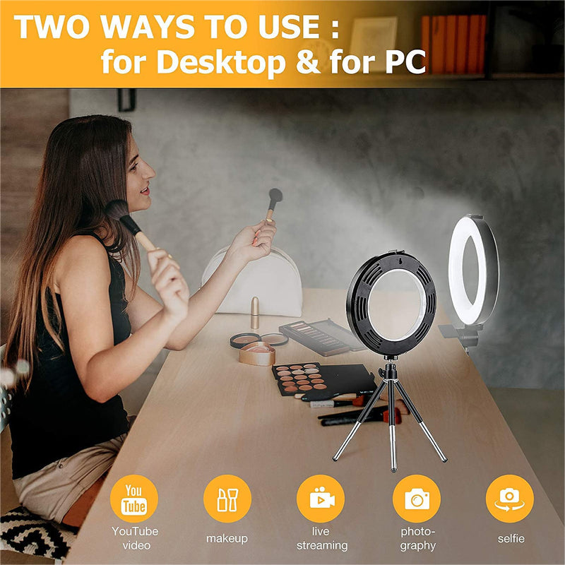 6'' Ring Light with Tripod & Clamp, Video Conference Lighting Kit, Desktop Light for Remote Meeting, Online Teaching, Live Streaming , Video, 3 Light Modes & 10 Brightness Level