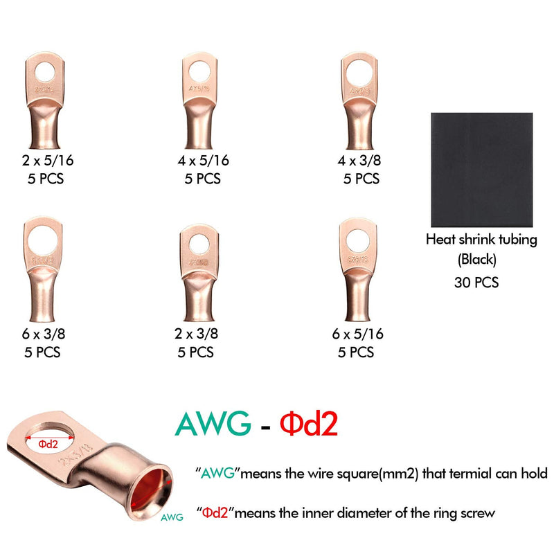 60 Pieces AWG Battery Cable Lugs, 2-6 Gauge Wire Lugs Ring Terminal Connectors with Heat Shrink Tubing Wrap Cable Sleeve for Inverters, Battery, Automotive Applications (Rose Gold) Rose Gold