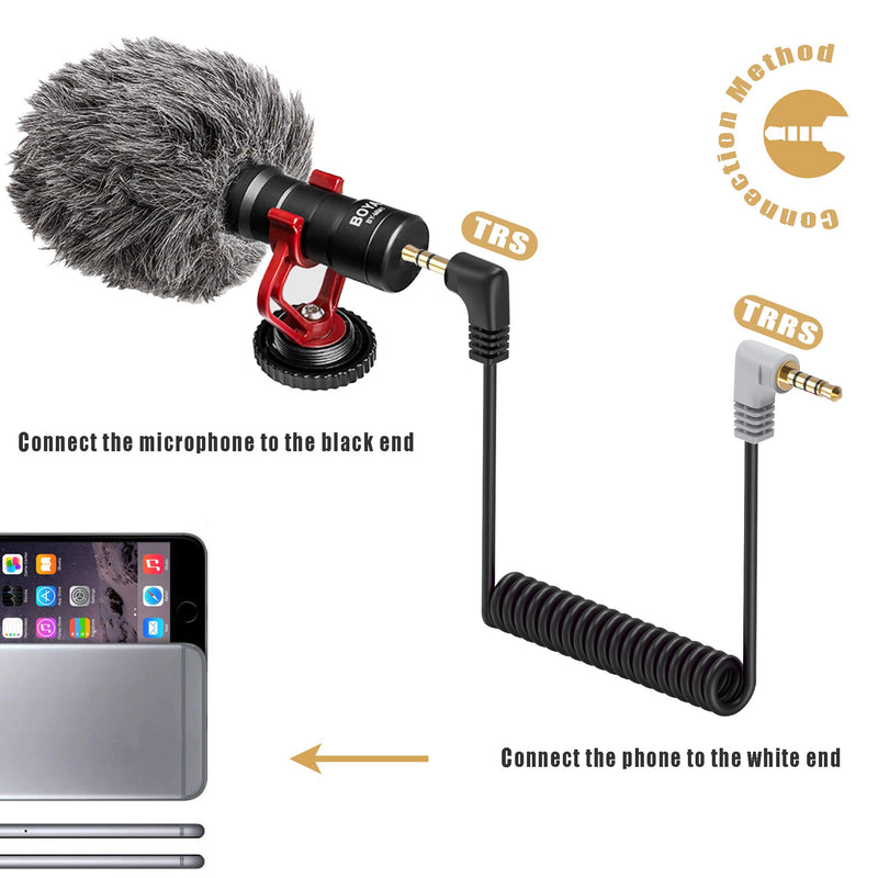 3.5mm TRS to TRRS Microphone Cable Black, 1/8 Male to Male Coiled Right Angle Mic Cord Connect Smartphone, Tablets Compatible with Rode SC7, VideoMic, VideoMicro Go, BOYA and More External Microphone 1 Pack