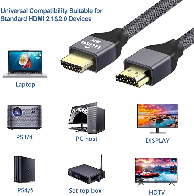 8K HDMI 2.1 Cable 6 ft, Ultra HD High Speed 48Gbps 8K@60Hz, 4K@ 120Hz/144Hz Cable,HDCP 2.2 & 2.3,Dynamic HDR eARC, Compatible with Roku, Xbox, PS4,PS5,Samsung,LG, for Projector,Home Theatre,Gaming Box 6.6ft-1pack