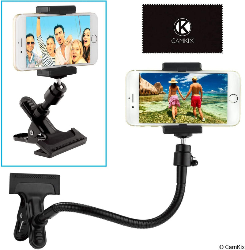 Universal Phone / Camera Holder with Flexible Gooseneck and Strong Clamp - for Mobile Photography, Recording Vlogs, Watching Videos, GPS Navigation, etc. - Ball and Socket Joint - Camera Tripod Mount