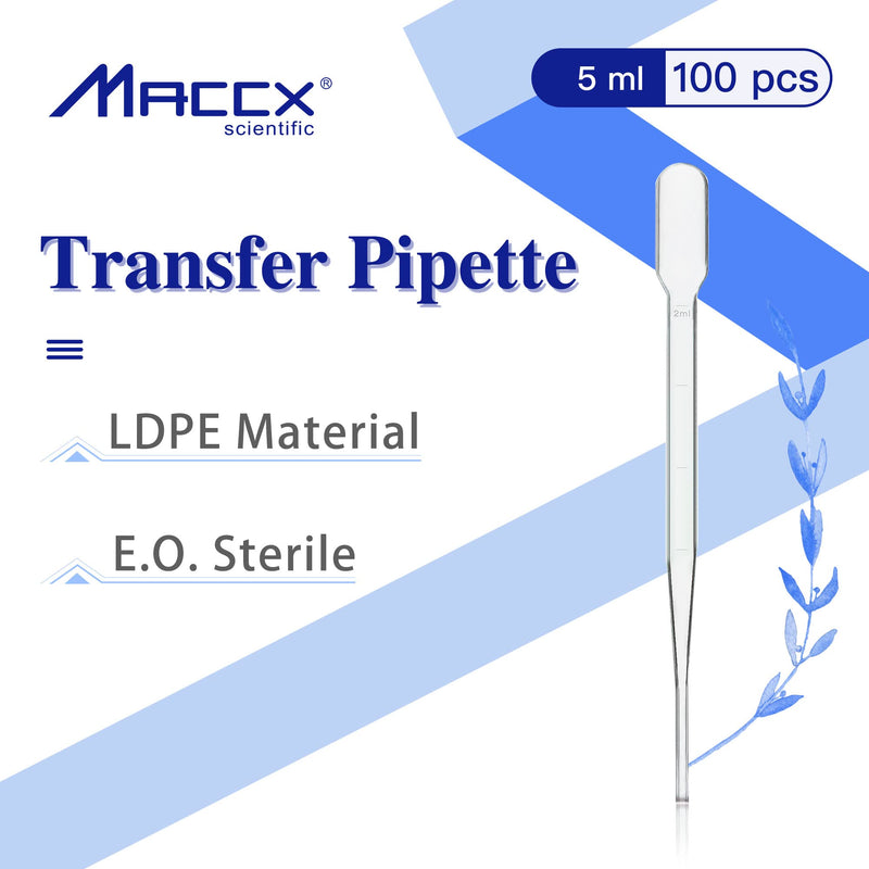 Maccx 100pcs Sterile Transfer Pipettes, Vol. 5ml, 2ml Graduated, 155mm Long, Essential Oils Pipettes, Low-Density Polyethylene Material, Individual Peel-Pack, TPP5155-100 Vol.5ml