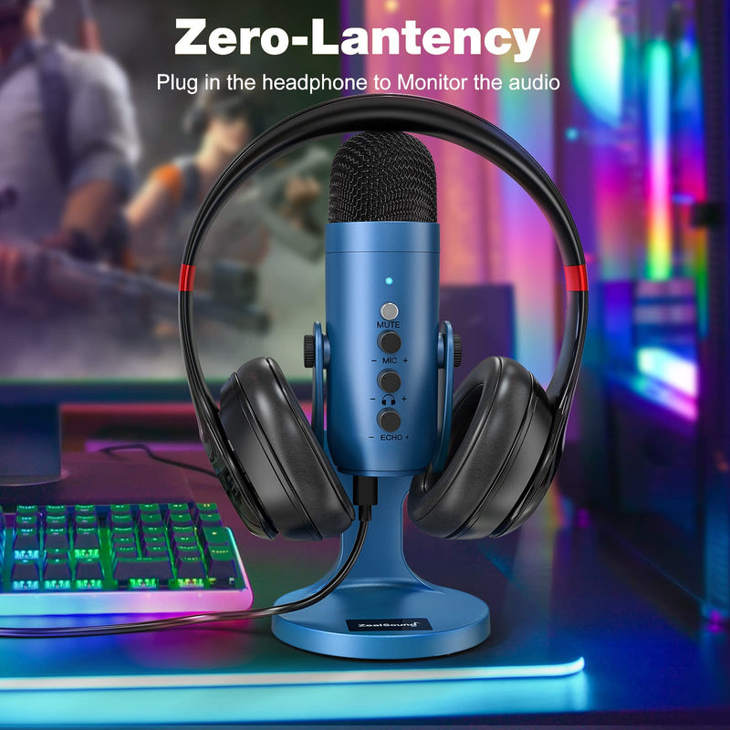 ZealSound USB Microphone,Condenser Gaming Mic for Phone/Laptop/PC/PS4/5/Computer,Microphone with Gain Knob,LED Mute,Monitor Volume Adjustment,Stand Base for Streaming, Podcast, Studio Recording (Blue) Blue