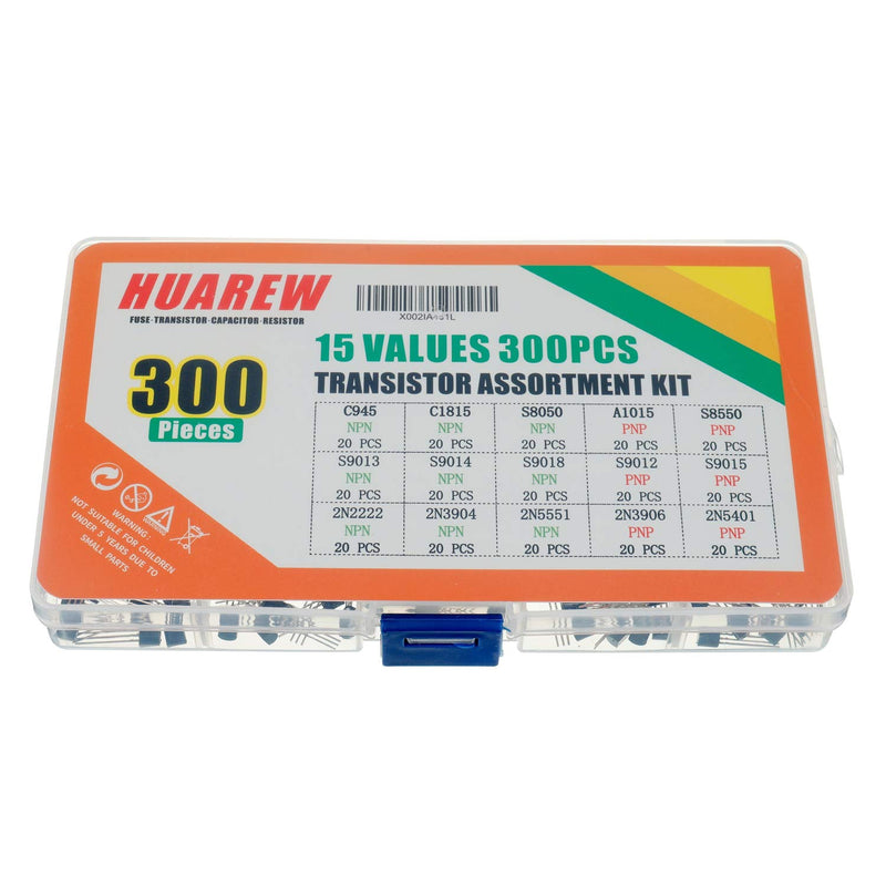 HUAREW 15 Values 300 Pcs Transistors NPN C945 C1815 S8050 S9013 S9014 S9018 2N2222 2N3904 2N5551 PNP A1015 S8550 S9012 S9015 2N3906 2N5401 BJT Bipolar Junction Transistor Assortment Kit