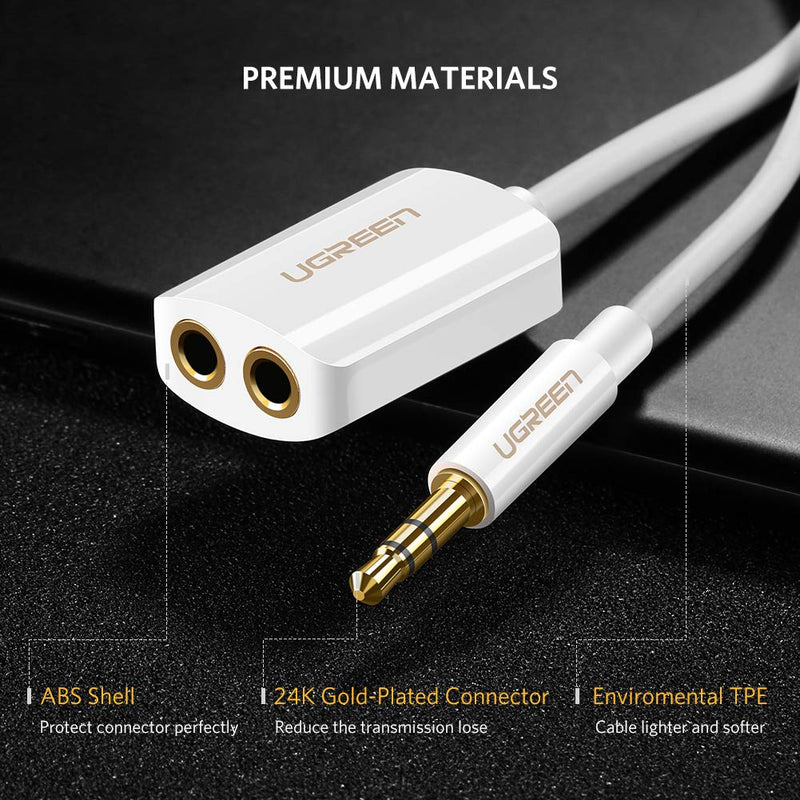 UGREEN 3.5mm Audio Stereo Y Splitter Cable 3.5mm Male to 2 Port 3.5mm Female for Earphone and Headset Splitter Adapter (White)