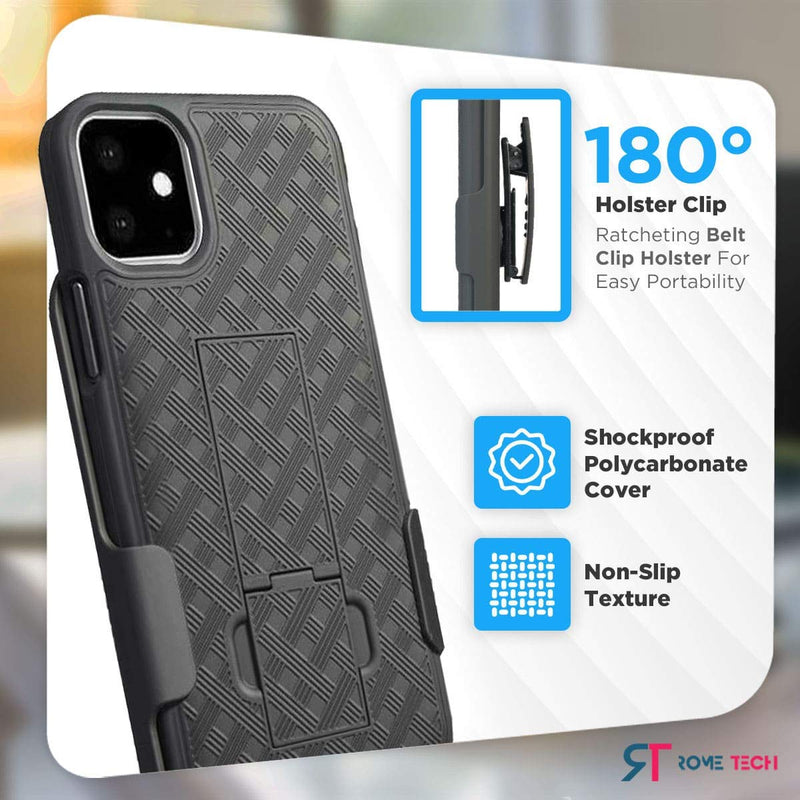 Rome Tech Holster Case with Belt Clip for Apple iPhone 11 - Slim Heavy Duty Shell Holster Combo - Rugged Phone Cover with Kickstand Compatible with iPhone 11 - Black