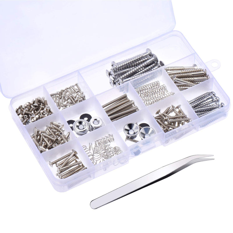 Canomo 254 Pieces Electric Guitar Screw Kit (9 Types) with Springs for Electric Guitar Bridge, Pickup, Pickguard, Tuner, Switch, Neck Plate, Guitar Strap Buttons and A Elbow Tweezers, Chrome