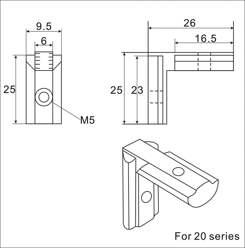 Boeray 20pcs Black T Slot L-Shape Interior Inside Corner Connector Joint Bracket with Screws and Wrench Tool for 2020 Series Aluminum Extrusion Profile Slot 6mm